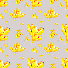 Hand drawn watercolor seamless floral pattern with yellow orange ochre crocus saffron flowers 3015