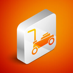 Isometric Lawn mower icon isolated on orange background. Lawn mower cutting grass. Silver square button. Vector