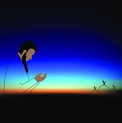 Sky at dawn before sunrise. In the picture, a man is praying and the silhouettes of mosques are visible from afar. Ramadan concept. Suitable for various design purposes.