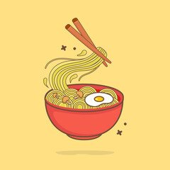 Noodle Egg With Chopstick Cartoon Vector Icon Illustration. Food And Drink Icon Concept Isolated Premium Vector. Flat Cartoon Style