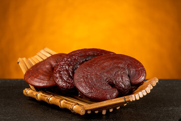 Reishi or lingzhi mushroom on orange background.