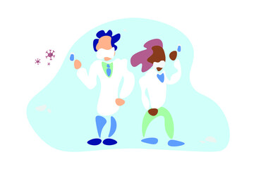 Two doctors, creators of the vaccine. European man and afro woman holding a cure for the virus