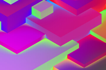 Abstract geometric cubic colorful  in neon lights background. isometric 3d render.