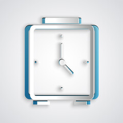 Paper cut Alarm clock icon isolated on grey background. Wake up, get up concept. Time sign. Paper art style. Vector