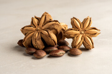 Sacha inchi fruits on ceramic background.