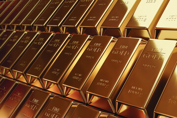 Pure gold bars and finance currency concept on golden treasure background with business investment. 3D rendering.