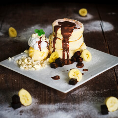 Cakes, sweets, pancakes and cream