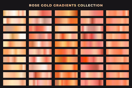 Set of rose gold gradients collection. Foil texture backgrounds. Elegant, shiny and bright gradient collection for chrome button, frame, ribbon, border, label design.
