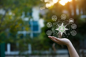 Technology, hand holding with environment Icons over the Network connection on green background.