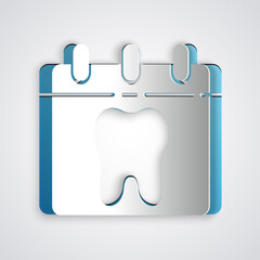Paper cut Calendar with tooth icon isolated on grey background. International Dentist Day, March 6. March holiday calendar. Paper art style. Vector