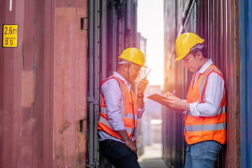 Engineer staff team checking and inspect container for international business logistic import and export concept. transportation import, export logistic industrial service.