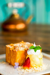 Cakes, sweets, pancakes and cream
