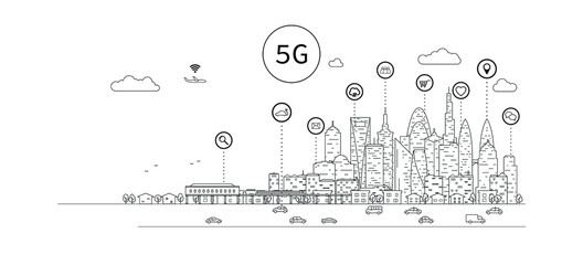 5G wireless network. 5th internet service, urban city with things and services icons connection, internet of things, network with high speed connection and Mobile connectivity.