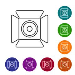 Black line Movie spotlight icon isolated on white background. Light Effect. Scene, Studio, Show. Set icons in color circle buttons. Vector