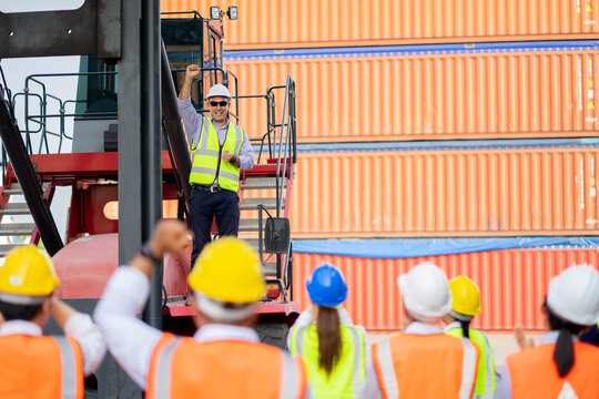 Worker team meeting and training, Logistics and transportation business Containers import concept, Work successful.