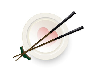 Chopsticks on the background of a plate with a heart. Vector.