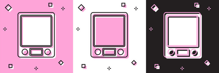 Set Electronic scales icon isolated on pink and white, black background. Weight measure equipment. Vector