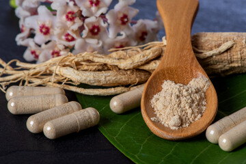 Ginseng ,powder and powder in capsule on black ceramic background.