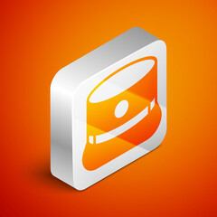 Isometric Kepi icon isolated on orange background. Cap army uniform headgear. Historic general hat. Silver square button. Vector