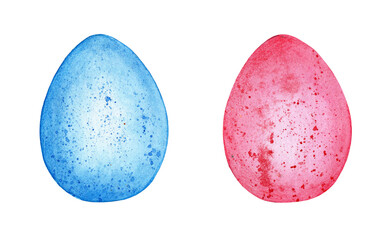Watercolor illustration set of pink and blue Easter eggs in specks Happy Easter pattern for design isolated on white background. Hand-drawn.