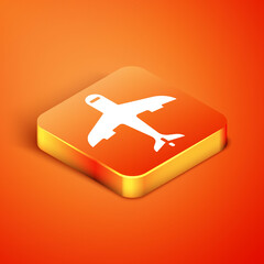 Isometric Plane icon isolated on orange background. Flying airplane icon. Airliner sign. Vector