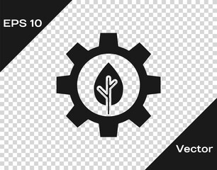 Black Leaf plant ecology in gear machine icon isolated on transparent background. Eco friendly technology. World Environment day label. Vector