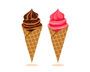 Delicious chocolate ice cream cone. Tasty sweet ice cream. vector illustration