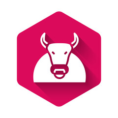 White Bull icon isolated with long shadow. Spanish fighting bull. Pink hexagon button. Vector