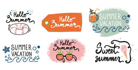 Hello summer, beach vibes, aloha. Set of inspirational quotes. Modern calligraphy phrases with hand drawn watermelon, pineapple, palm. Vector lettering for print, tshirt, poster. Typographic design.