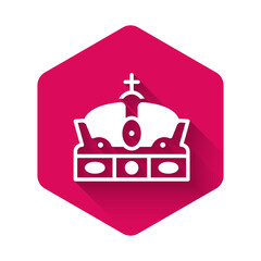 White Crown of spain icon isolated with long shadow. Pink hexagon button. Vector