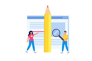 Editable online document. Blogger, copywriter or journalist concept. Editor work. Creative writing and storytelling, copywriting . Online education, distant learning. Vector illustration.