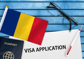 Visa application form and flag of Romania