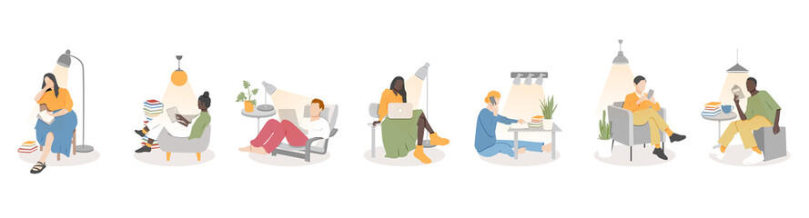 Work at home concept design. Vector illustration set isolated on white background.