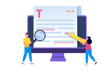 Editable online document. Blogger, copywriter or journalist concept. Editor work. Creative writing and storytelling, copywriting . Online education, distant learning. Vector illustration.