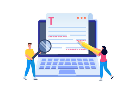 Editable online document. Blogger, copywriter or journalist concept. Editor work. Creative writing and storytelling, copywriting . Online education, distant learning. Vector illustration.