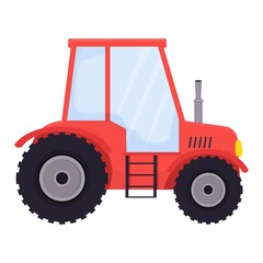 Red farm tractor in cartoon style isolated on white background. Agriculture equipment, country machinery. Childish vehicle, cute, simple.