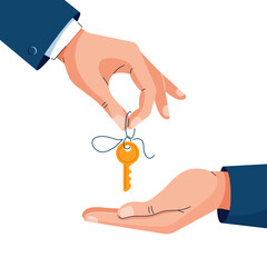 Home purchase deal vector illustration. Male hand giving house keys for property buying. Deal sale, property purchase, real estate agency, dealing house concept concept for banner. Flat cartoon design