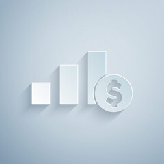 Paper cut Pie chart infographic and dollar symbol icon isolated on grey background. Diagram chart sign. Paper art style. Vector