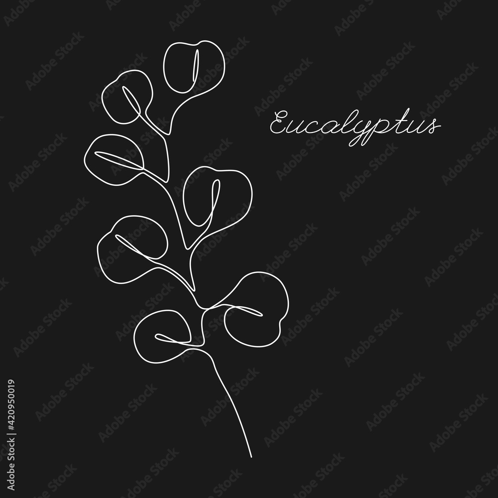 Poster eucalyptus branch continuous one line drawing on black background. abstract nature minimalist poster