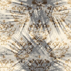 Seamless abstract print of botanical leaf shadows over abstract surface design. High quality illustration. Tropical palm leaves showing in the negative space between sunlight rays overlaid on design.