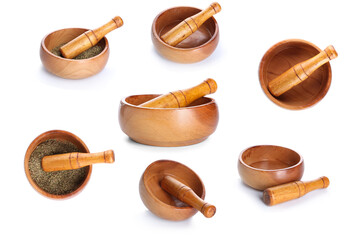 Collage of mortar and pestle on white background