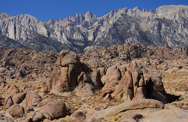 mount whitney, the eastern sierras, and the wildly-eroded alabama hills on a sunny fall day near lone pine, california