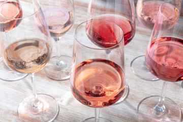 Rose wine, various types in many glasses