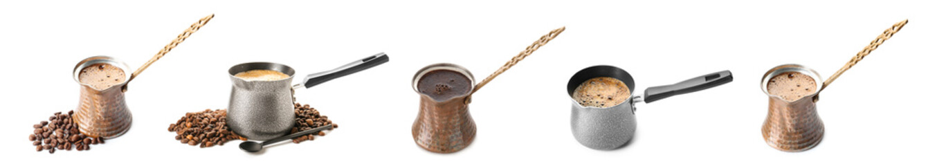Cezve with coffee on white background
