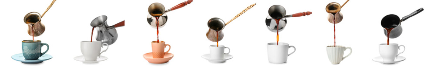 Cezve with coffee on white background