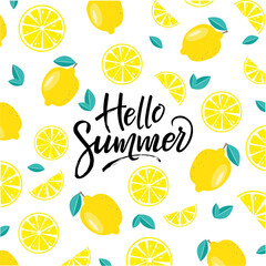 Vector lettering illustration of "Hello summer". A lemon for posters, logos, labels, banners, stickers, product packaging design.
