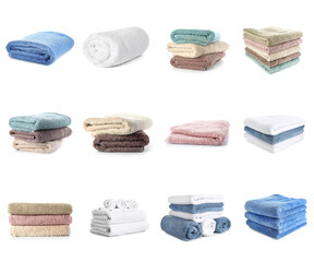 Set of clean towels on white background