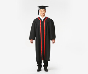 Young Asian man in bachelor robe on white background