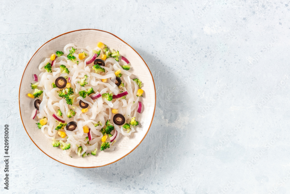 Wall mural Konjac pasta with broccoli, shot from above with a place for text