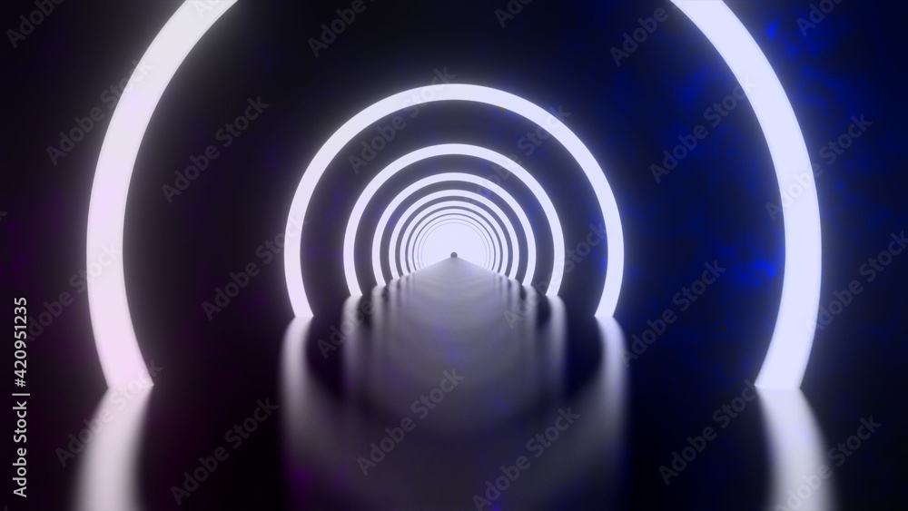 Wall mural 3d rendering, loop motion of glowing neon ring and on dark galaxy star background. neon light abstra